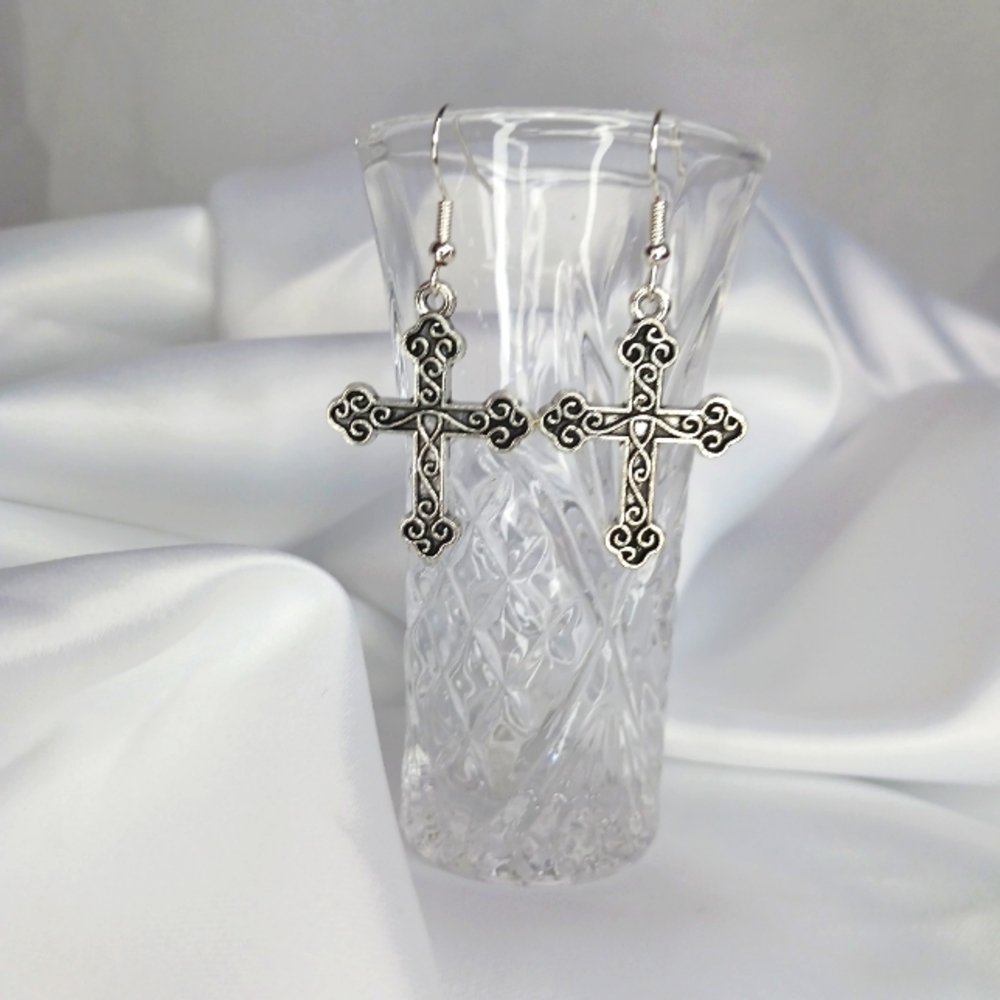 Large Ornate Silver Cross Earrings.